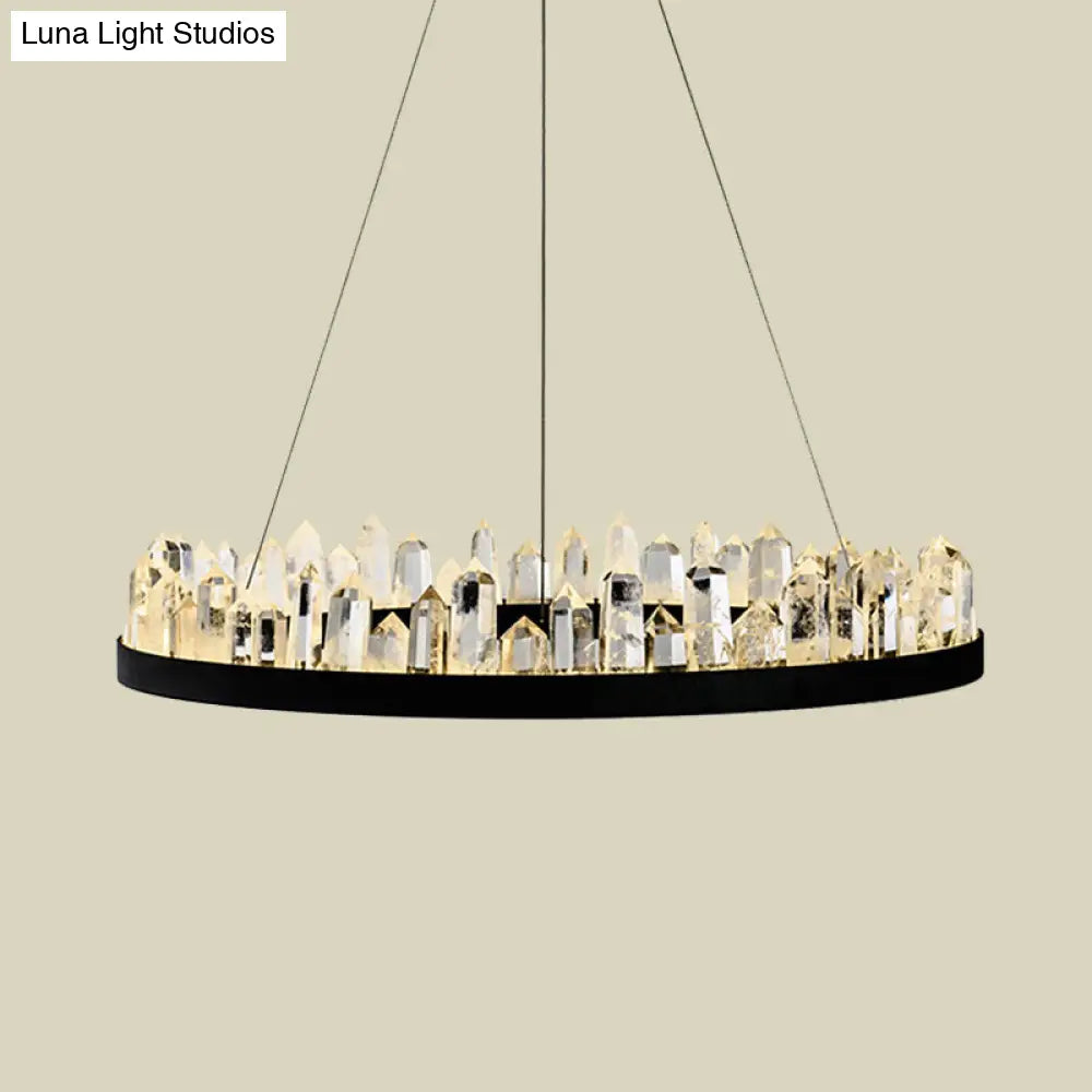 Minimalist Led Crystal Ring Ceiling Pendant Light In Black For Living Room
