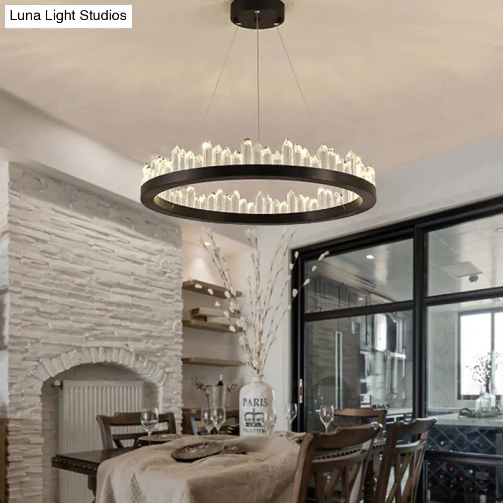 Minimalist Led Crystal Ring Ceiling Pendant Light In Black For Living Room