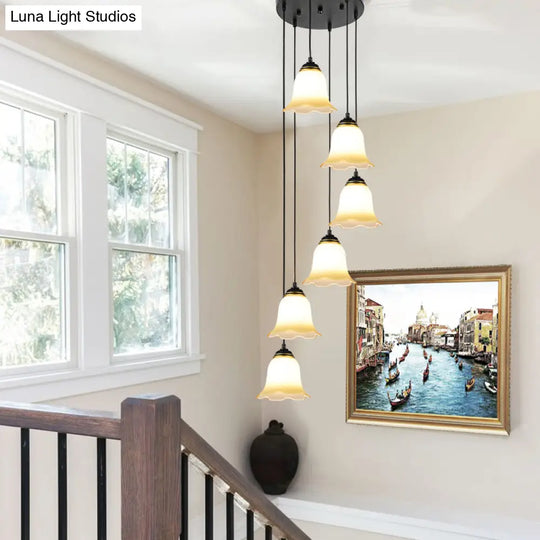 Minimalist Black Flower Stairs Pendant Light With Frosted Glass And Round Canopy 6 /