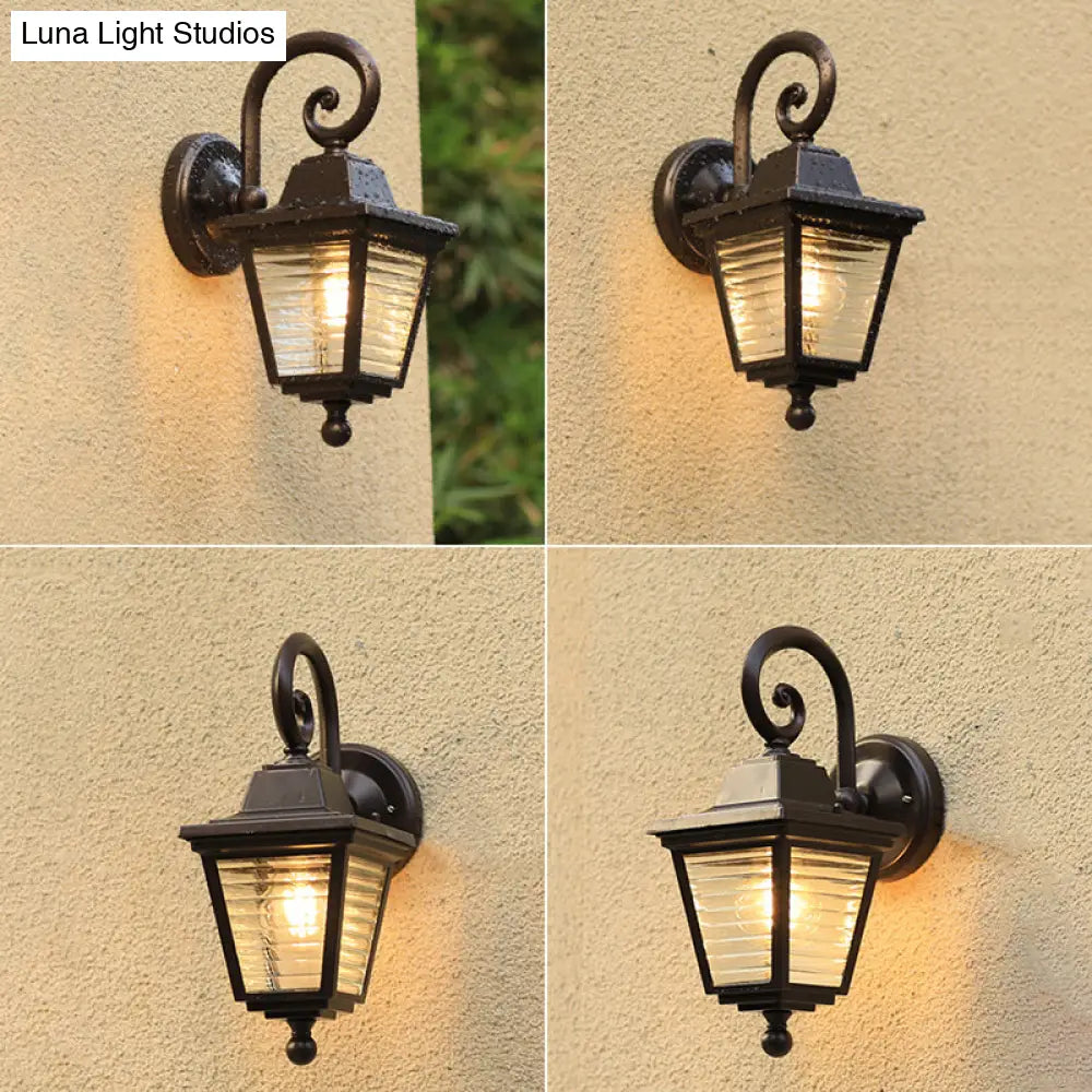 Minimalist Black Glass Lantern Sconce - Trapezoid Ribbed Design Wall Mount Lamp