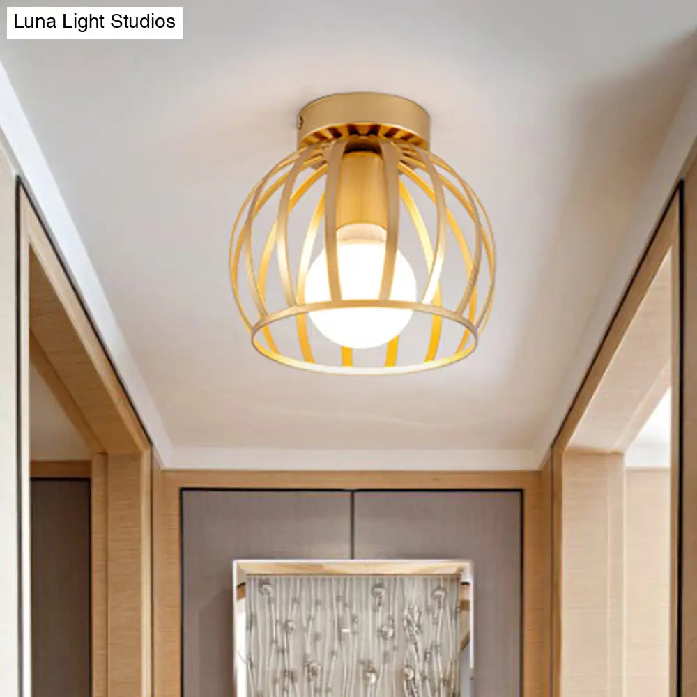 Minimalist Black/Gold Metal Cage Flushmount Light For Corridor Ceiling Mounted