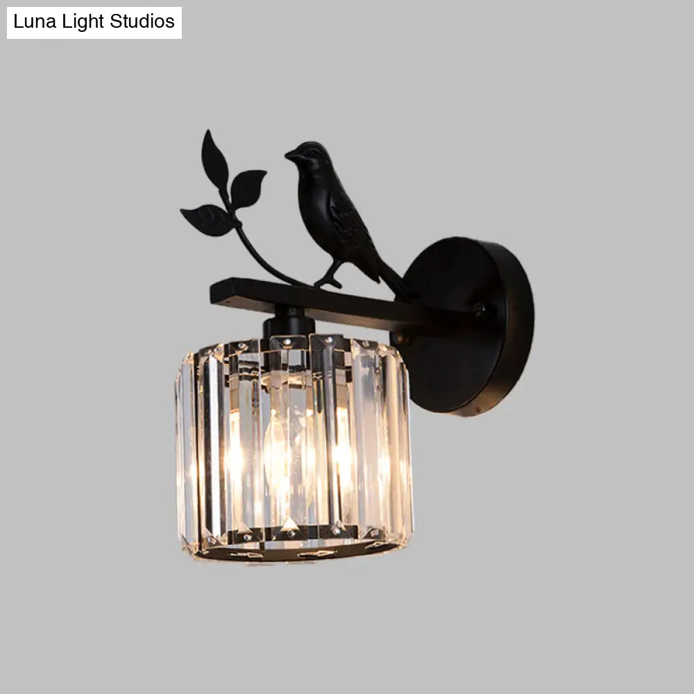 Minimalist Black/Gold Wall Sconce With K9 Crystal Cylinder And Bird Detail - 1 Bulb Light