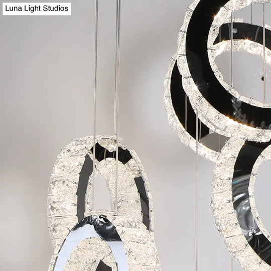 Minimalist Black Led Pendant With Ring Crystal Cluster For Living Room Down Lighting