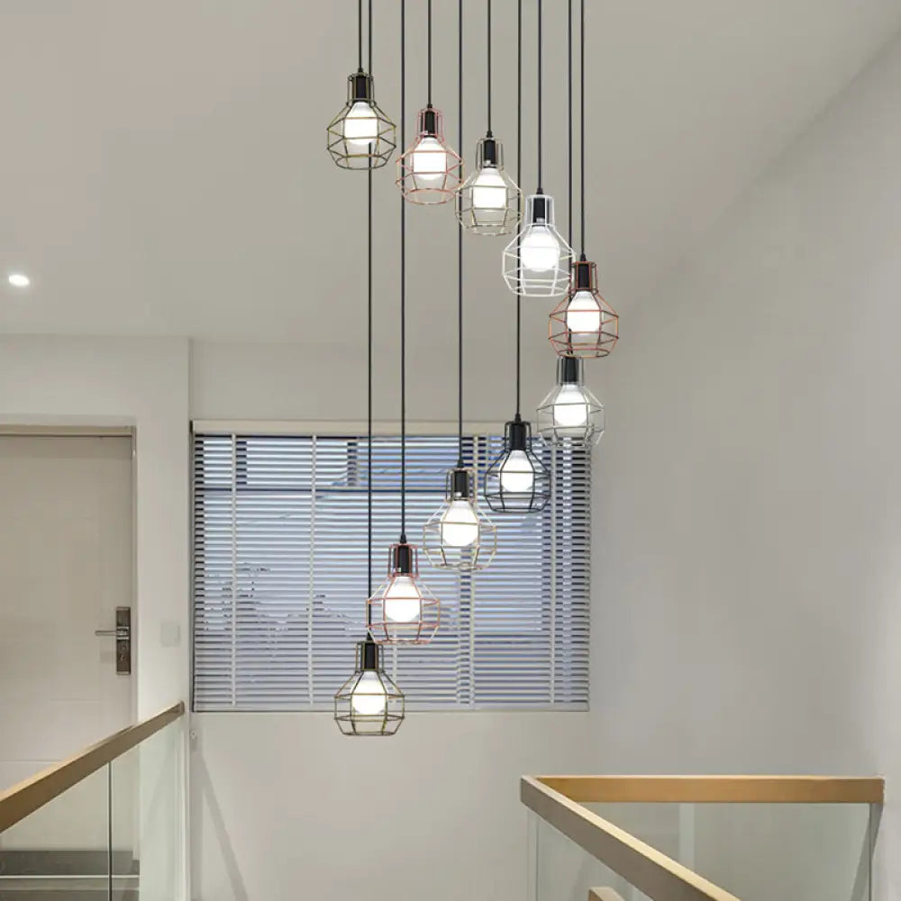 Minimalist Black Metal Grenade Cage Pendant Light For Staircase With Multiple Lights 10 /