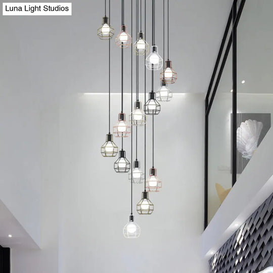 Minimalist Black Metal Cage Suspension Light - Multi-Light Pendant For Staircase 15 /