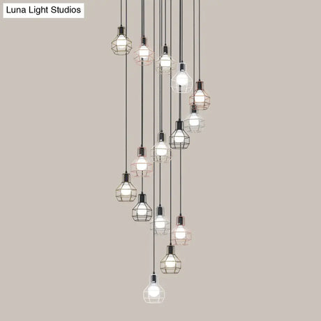 Minimalist Black Metal Grenade Cage Pendant Light For Staircase With Multiple Lights