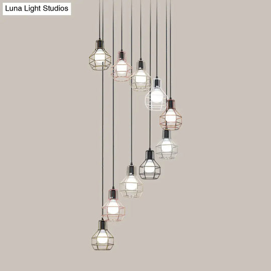 Minimalist Black Metal Cage Suspension Light - Multi-Light Pendant For Staircase