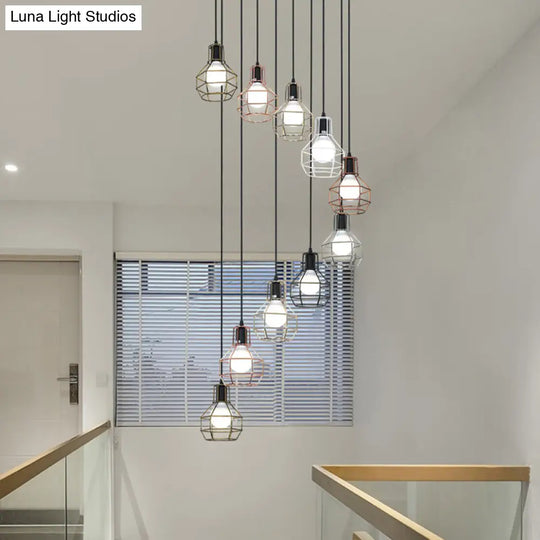 Minimalist Black Metal Cage Suspension Light - Multi-Light Pendant For Staircase 10 /