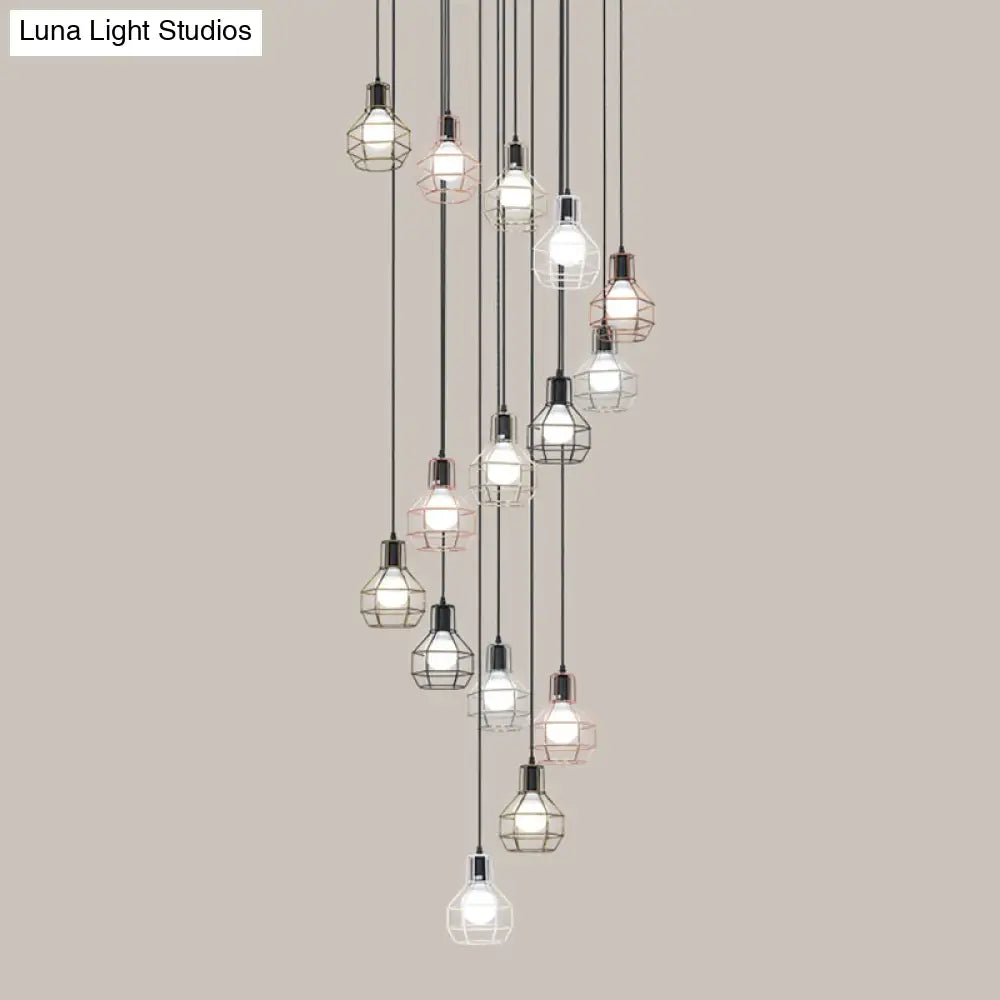 Minimalist Black Metal Grenade Cage Pendant Light For Staircase With Multiple Lights