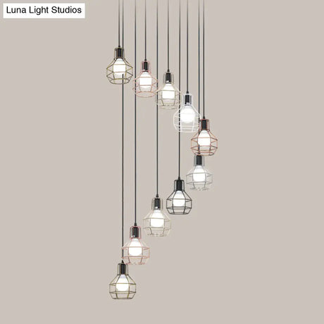 Minimalist Black Metal Grenade Cage Pendant Light For Staircase With Multiple Lights