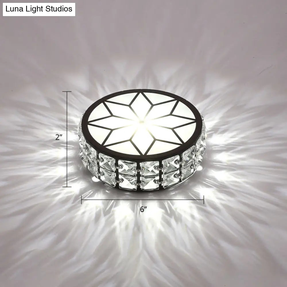 Minimalist Black Metal Round Led Ceiling Spotlight With Crystal Inserts - Flush Mount Lighting