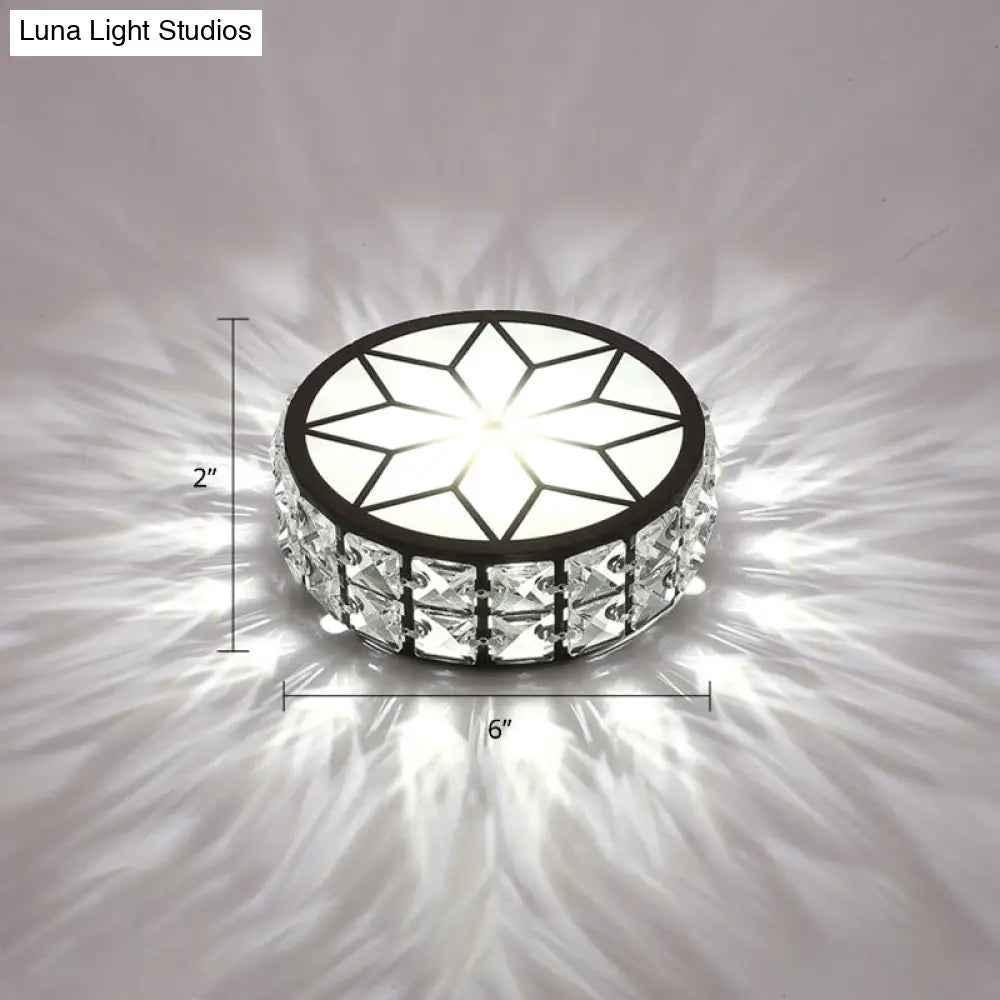 Minimalist Black Metal Round Led Ceiling Spotlight With Crystal Inserts - Flush Mount Lighting