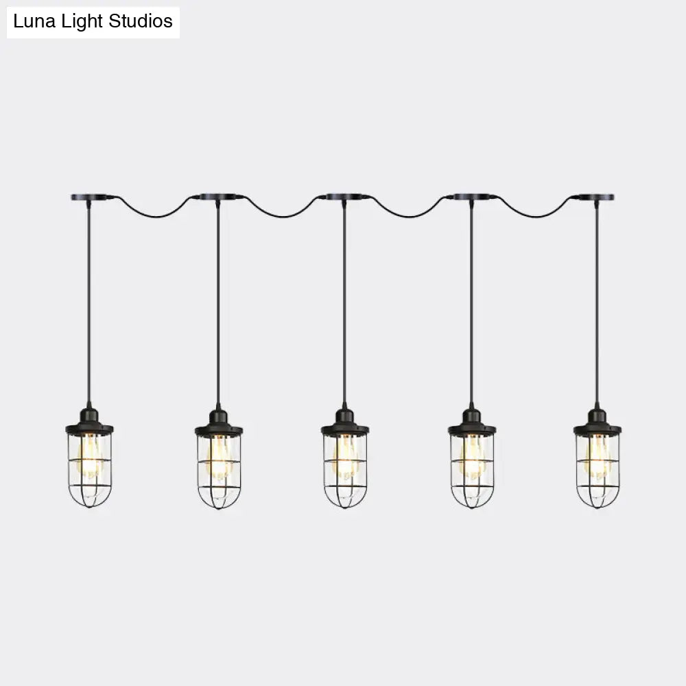 Black Multi-Light Chandelier | Farmhouse Style Clear Glass Cage Tandem Ceiling Lamp