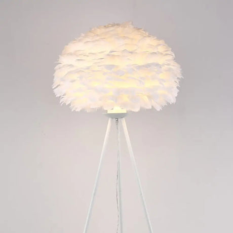 Minimalist Black-White Floor Lamp With Feather Dome Shade - 1-Light Living Room Stand Up Light White