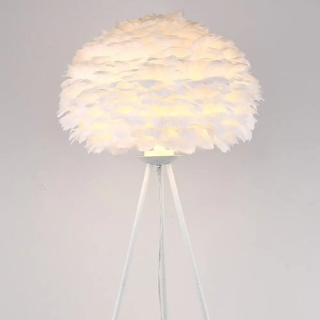 Minimalist Black-White Floor Lamp With Feather Dome Shade - 1-Light Living Room Stand Up Light White
