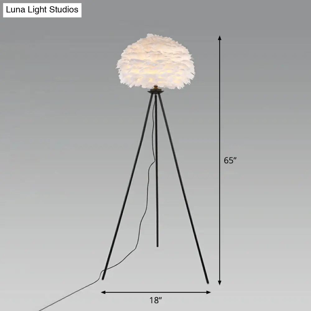 Minimalist Black-White Floor Lamp With Feather Dome Shade - 1-Light Living Room Stand Up Light