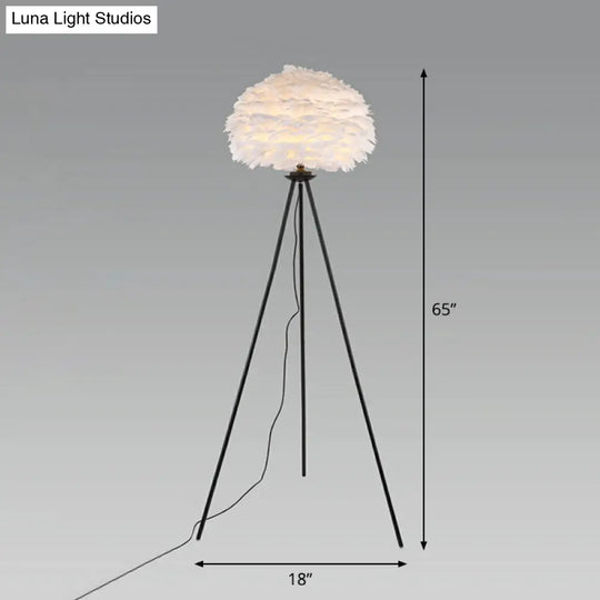 Minimalist Black-White Floor Lamp With Feather Dome Shade - 1-Light Living Room Stand Up Light