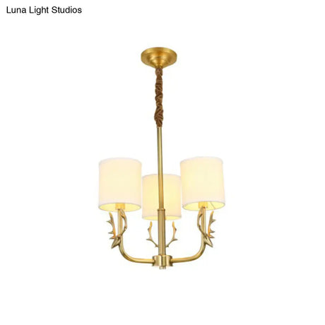 Minimalist Brass Deer Chandelier With Fabric Shade - Elegant Metal Hanging Lamp