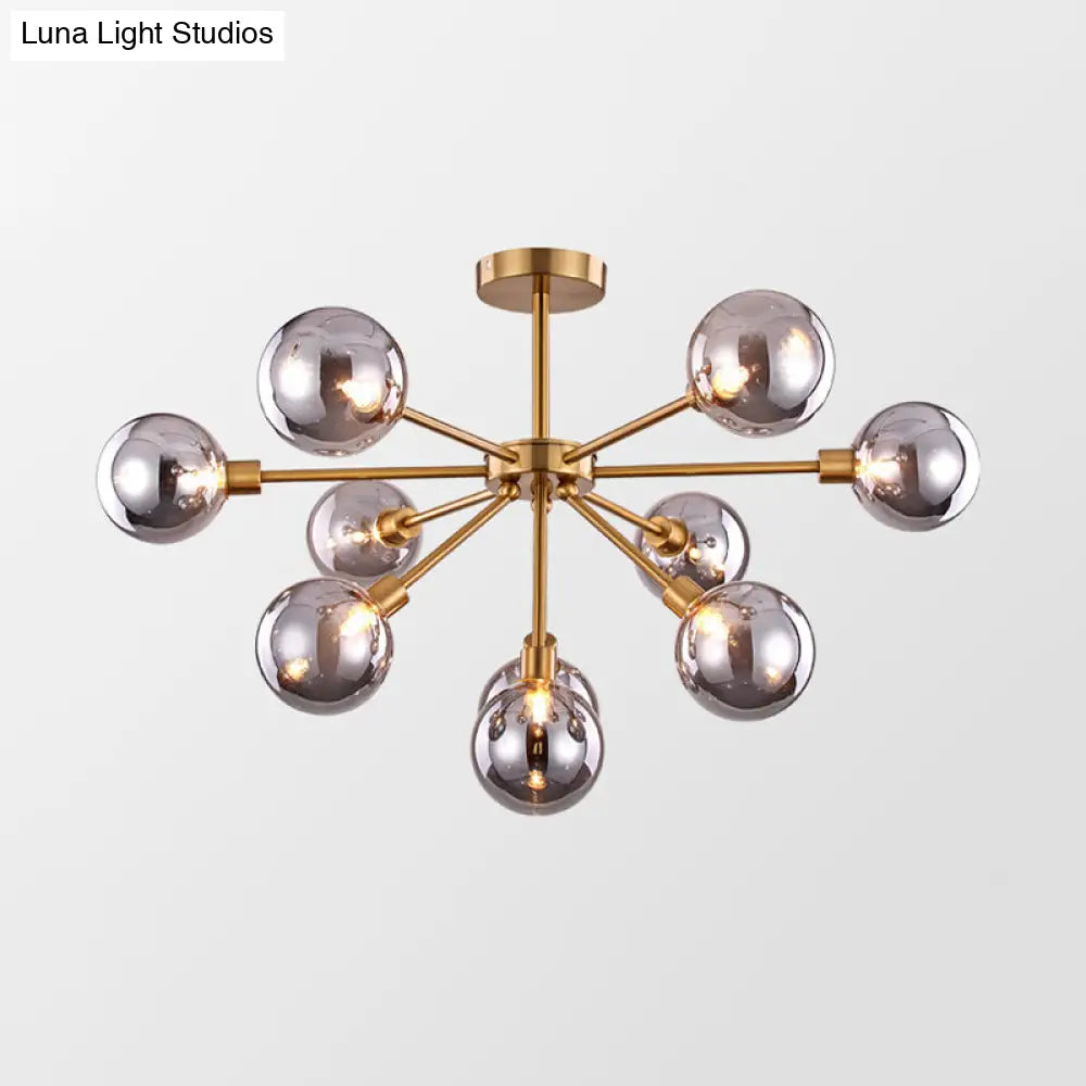 Minimalist Brass Flush Mount Chandelier With White/Smoke Gray Glass – 7/9/10 Lights