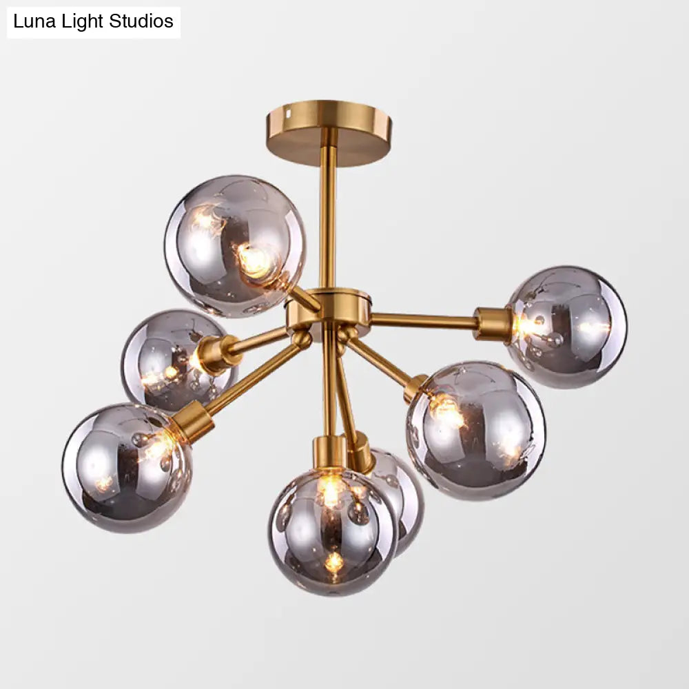 Minimalist Brass Flush Mount Chandelier With White/Smoke Gray Glass – 7/9/10 Lights