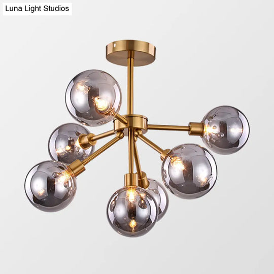 Minimalist Brass Flush Mount Chandelier With White/Smoke Gray Glass – 7/9/10 Lights