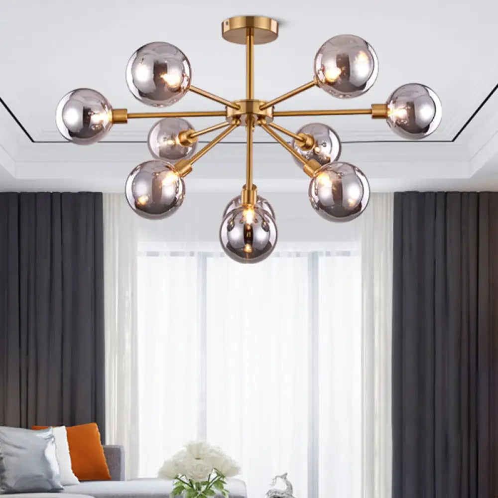 Minimalist Brass Flush Mount Chandelier With White/Smoke Gray Glass – 7/9/10 Lights 10 / Smoke