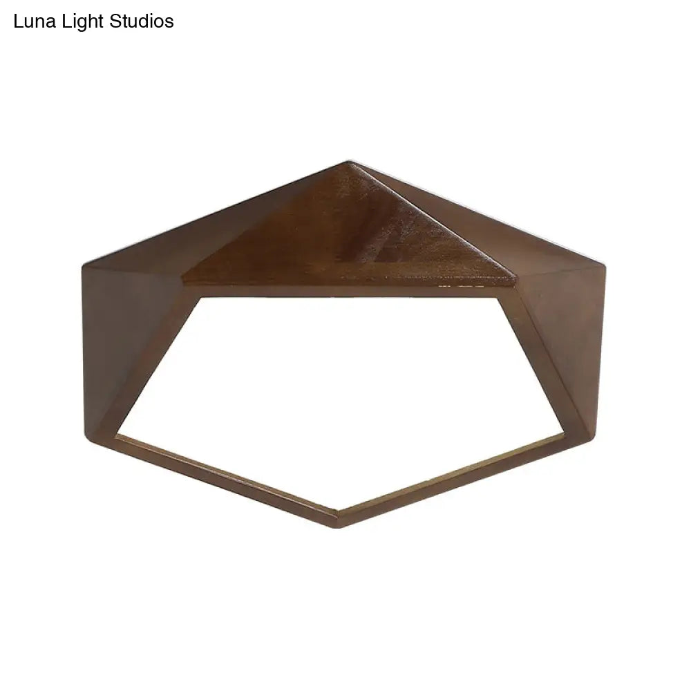 Minimalist Brown Wooden Flush Mount Led Ceiling Lamp - Faceted Pentagon Design (13’/16’/19.5’ Wide)