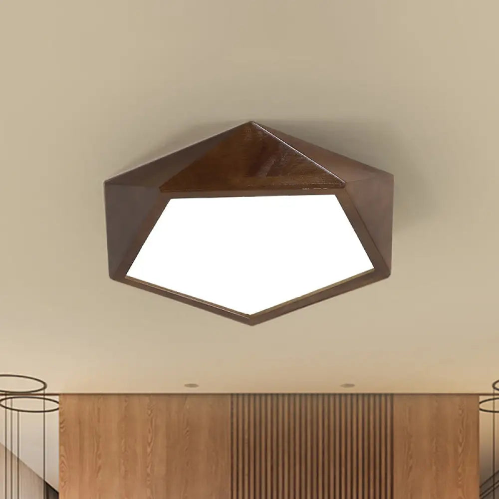 Minimalist Brown Wooden Flush Mount Led Ceiling Lamp - Faceted Pentagon Design (13’/16’/19.5’