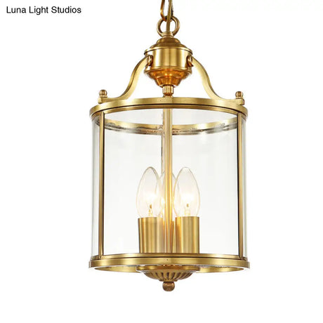 Minimalist Clear Glass Brass Cylinder Chandelier - Hanging Ceiling Light With 3 Bulbs 8/12 Wide