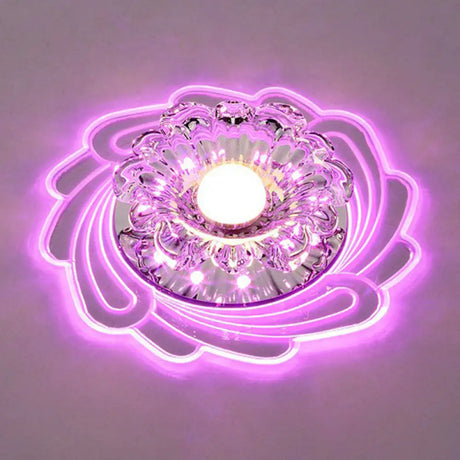 Minimalist Clear Led Crystal Flower Flush Mount Light For Corridor / Pink
