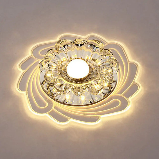 Minimalist Clear Led Crystal Flower Flush Mount Light For Corridor / Warm
