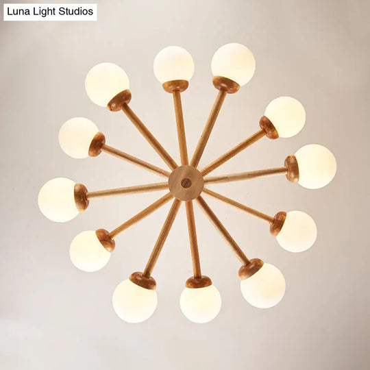 Sleek Minimalist Cream Glass Bedroom Chandelier Light With Wood-Embellished Modo Shaped
