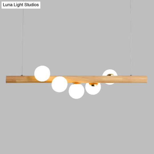 Minimalist Cream Glass Led Pendant Light For Restaurants - Ball Island Ceiling With Wood Accent 5 /