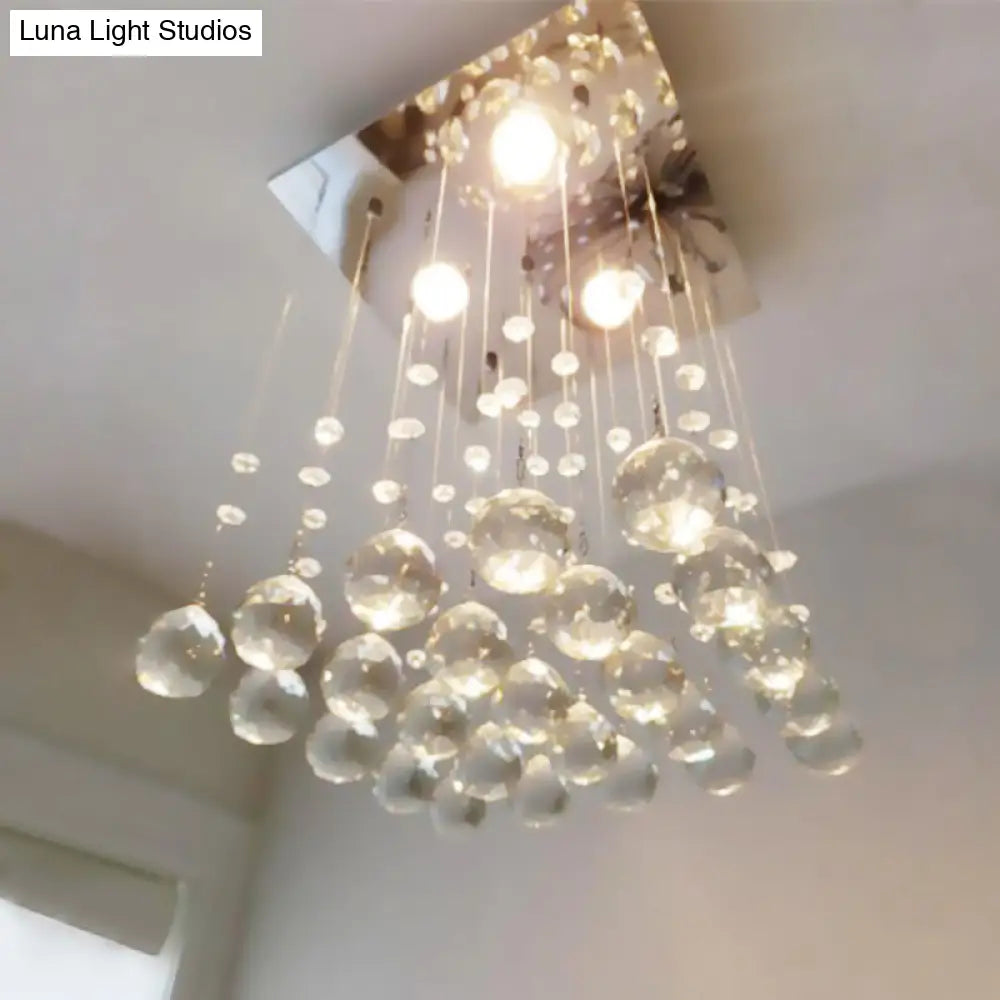 Minimalist Crystal Ball Flush Mount Ceiling Light Fixture With 3 Lights - Living Room Square Design