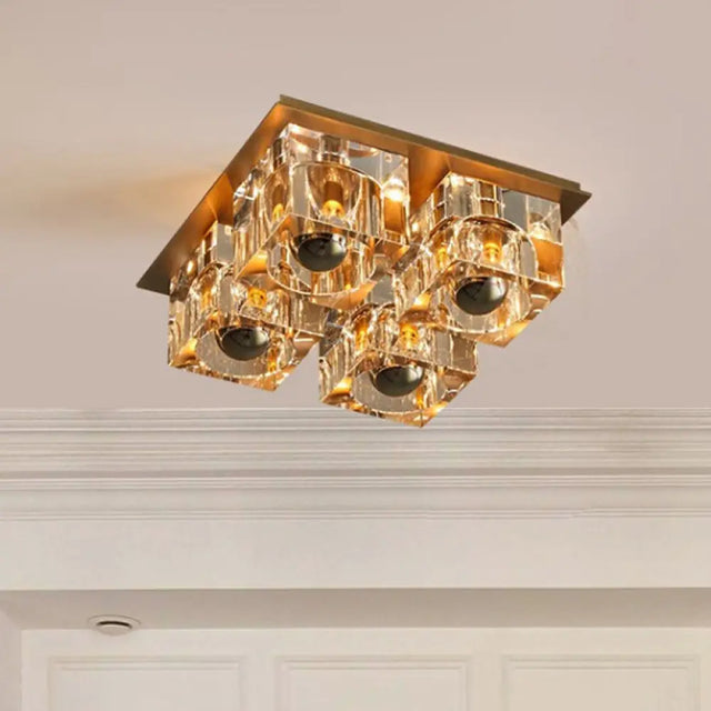 Minimalist Crystal Block 4 - Head Brass Ceiling Light For Bedroom Flushmount Lighting