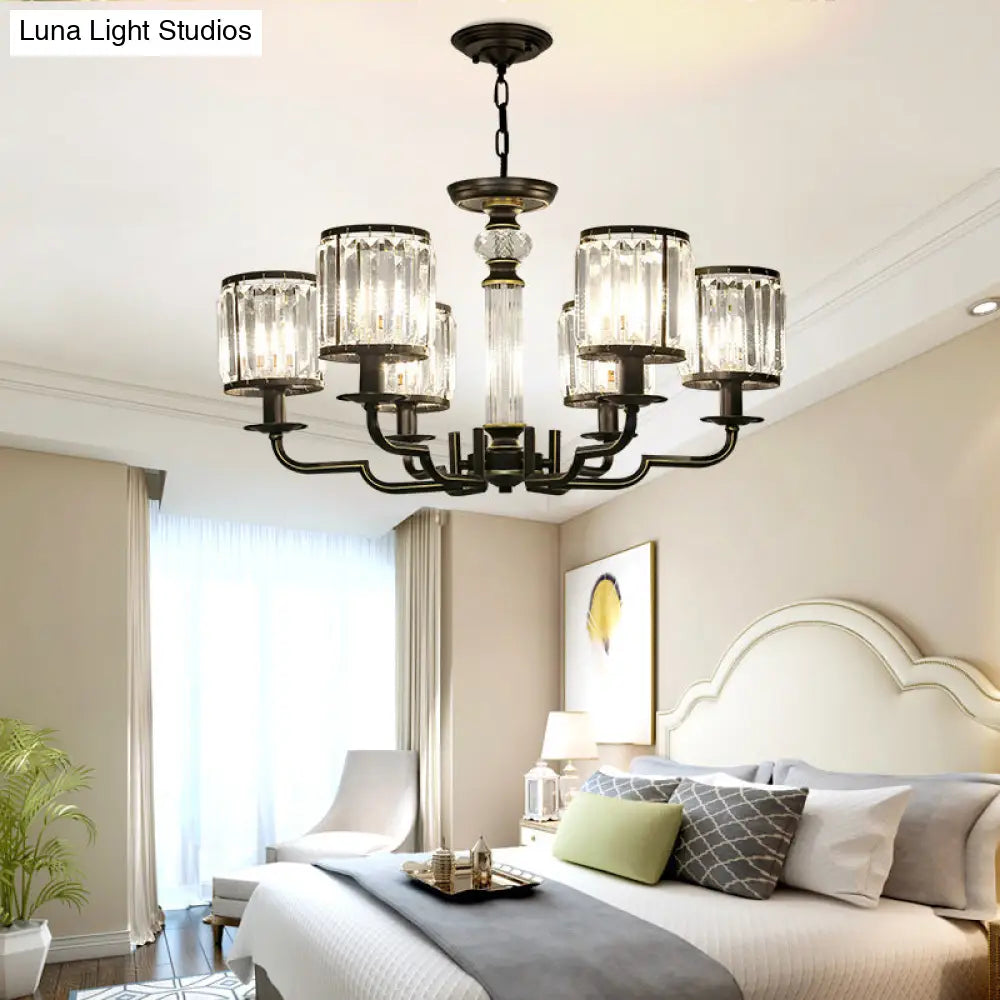 Minimalist Crystal Cylinder Pendant Lamp: Black Finish Chandelier For Bedroom