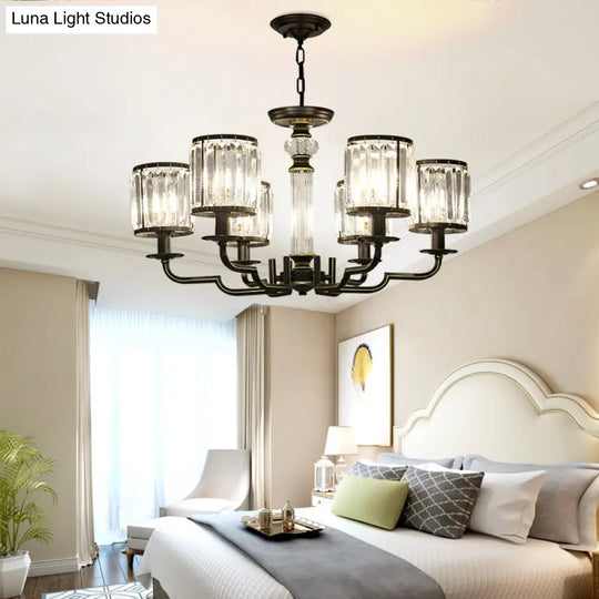 Minimalist Crystal Cylinder Pendant Lamp: Black Finish Chandelier For Bedroom