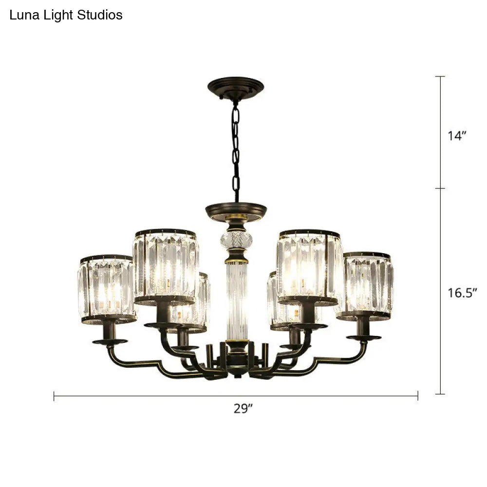 Minimalist Crystal Cylinder Pendant Lamp: Black Finish Chandelier For Bedroom
