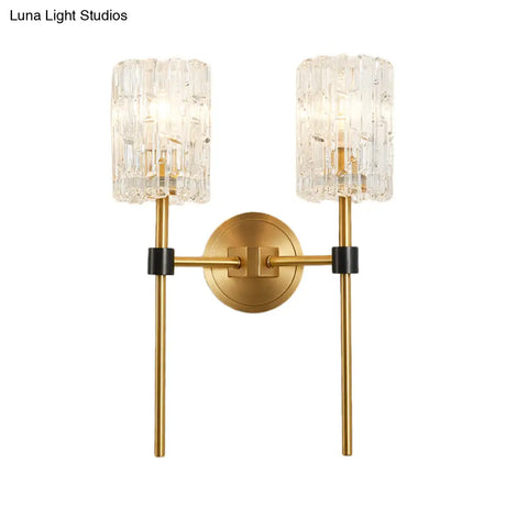 Minimalist Crystal Cylindrical Wall Sconce - 1/2 Lights Brass Fixture For Living Room