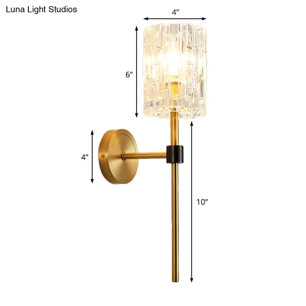 Minimalist Crystal Cylindrical Wall Sconce - 1/2 Lights Brass Fixture For Living Room