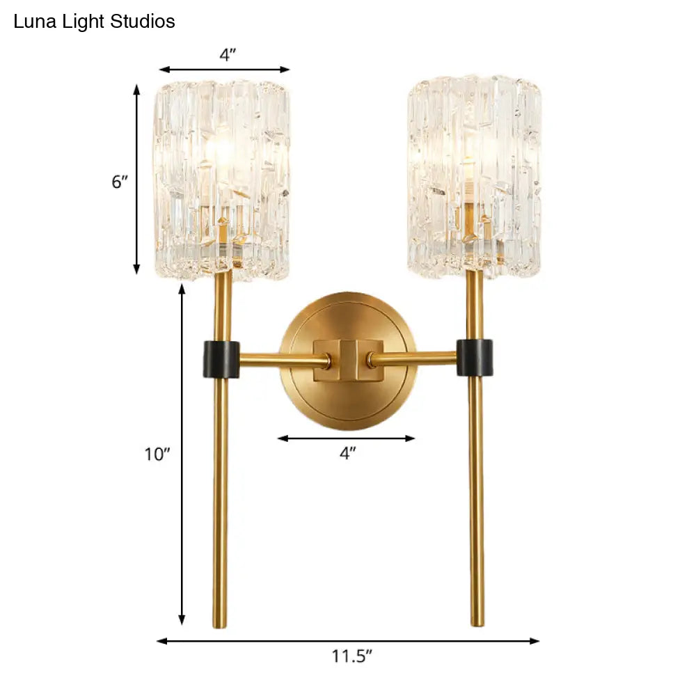 Minimalist Crystal Cylindrical Wall Sconce - 1/2 Lights Brass Fixture For Living Room