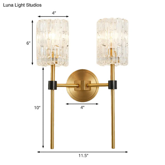 Minimalist Crystal Cylindrical Wall Sconce - 1/2 Lights Brass Fixture For Living Room
