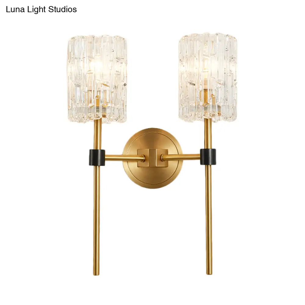 Minimalist Crystal Cylindrical Wall Sconce - 1/2 Lights Brass Fixture For Living Room