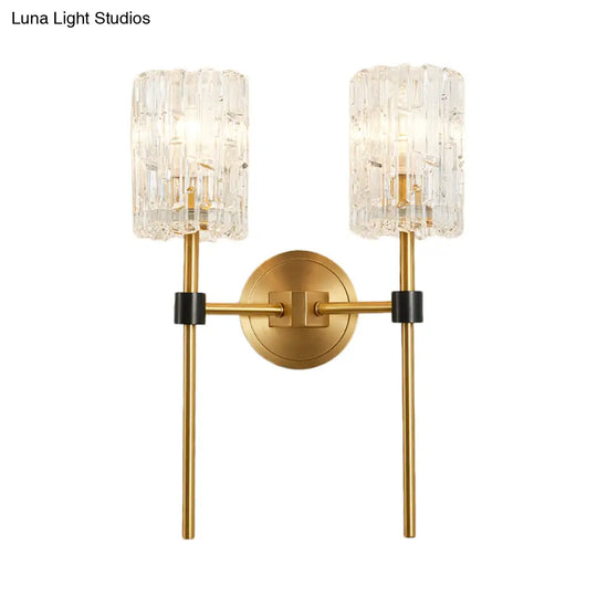 Minimalist Crystal Cylindrical Wall Sconce - 1/2 Lights Brass Fixture For Living Room