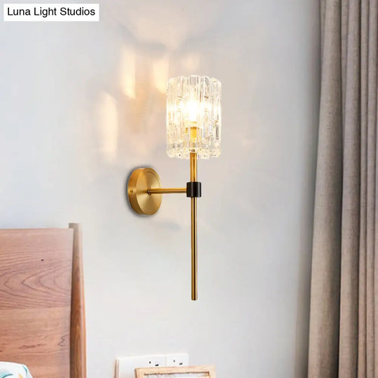 Minimalist Crystal Cylindrical Wall Sconce - 1/2 Lights Brass Fixture For Living Room
