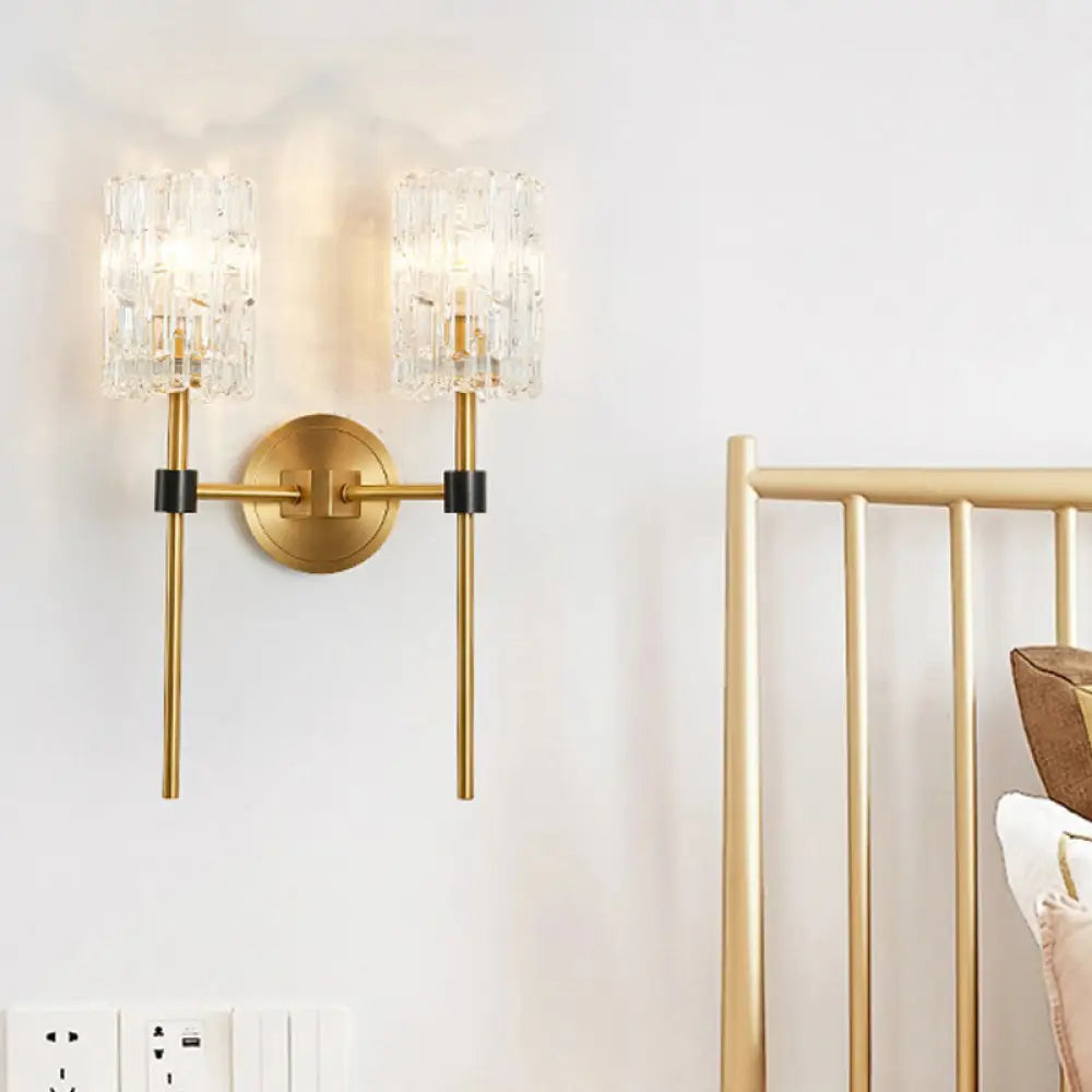 Minimalist Crystal Cylindrical Wall Sconce - 1/2 Lights Brass Fixture For Living Room 2 /