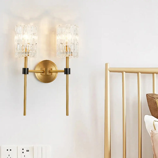 Minimalist Crystal Cylindrical Wall Sconce - 1/2 Lights Brass Fixture For Living Room 2 /