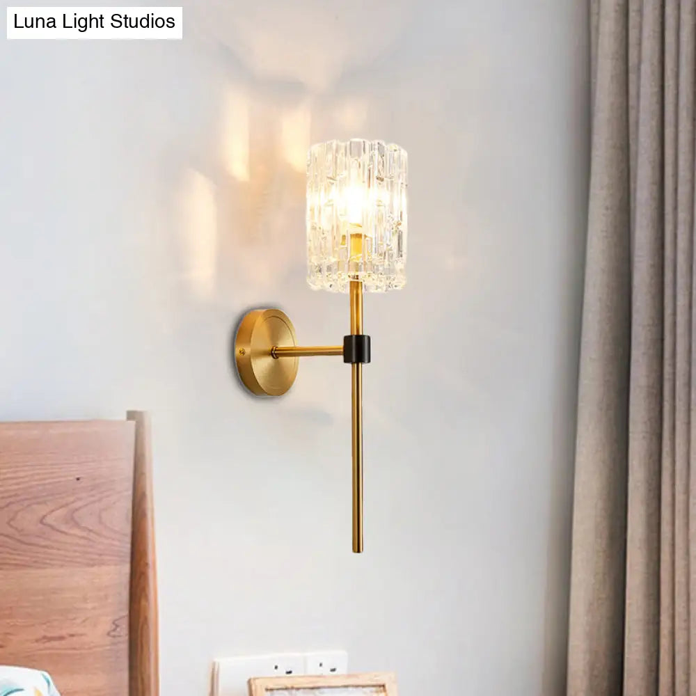 Minimalist Crystal Cylindrical Wall Sconce - 1/2 Lights Brass Fixture For Living Room