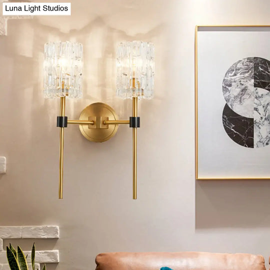 Minimalist Crystal Cylindrical Wall Sconce - 1/2 Lights Brass Fixture For Living Room
