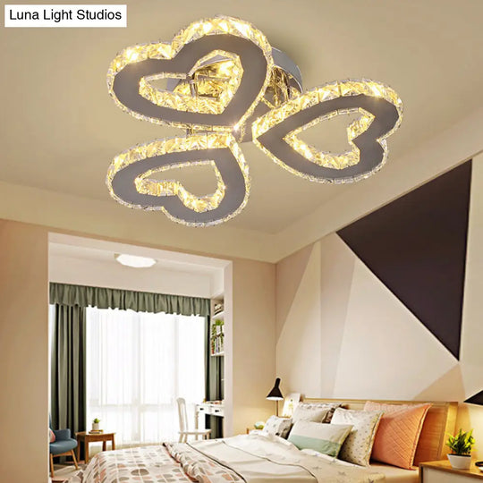 Minimalist Crystal Led Ceiling Light For Bedroom - Heart Shaped Semi Flush Stainless Steel Finish